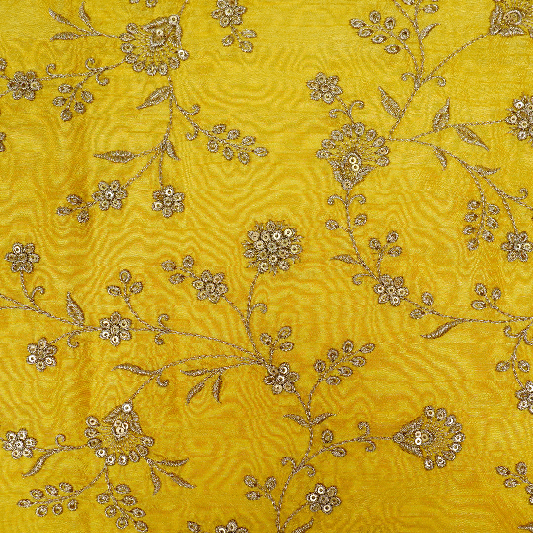 Floral Crown Jaal of Zari with Sequin Touch on Lemon Semi Raw Silk