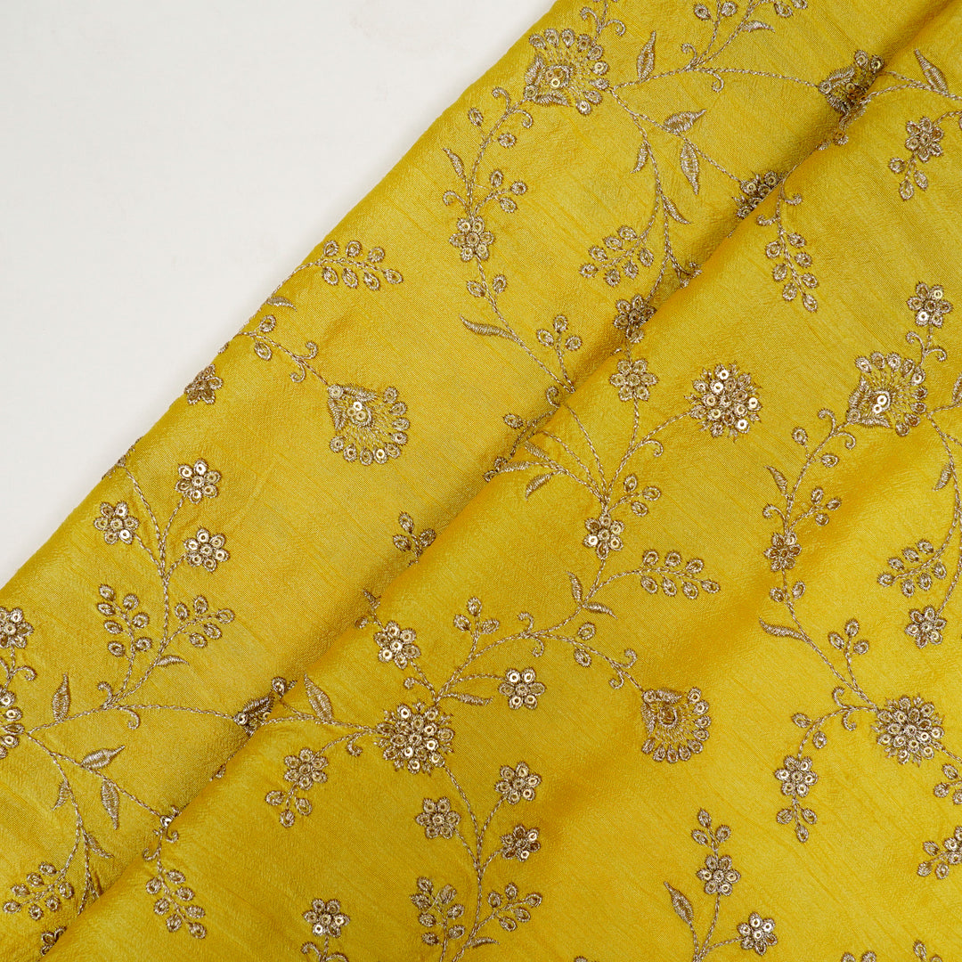 Floral Crown Jaal of Zari with Sequin Touch on Lemon Semi Raw Silk