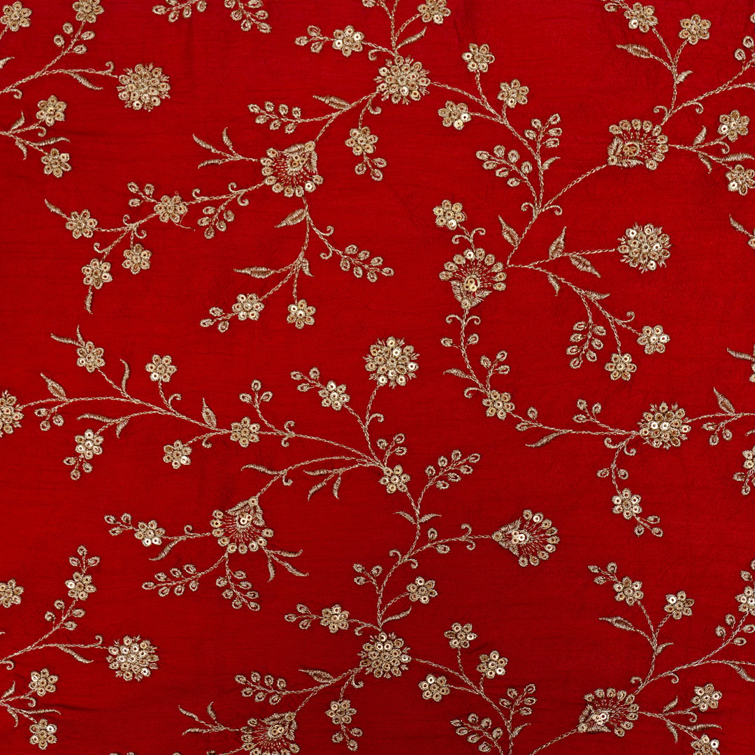 Floral Crown Jaal of Zari with Sequin Touch on Red Semi Raw Silk