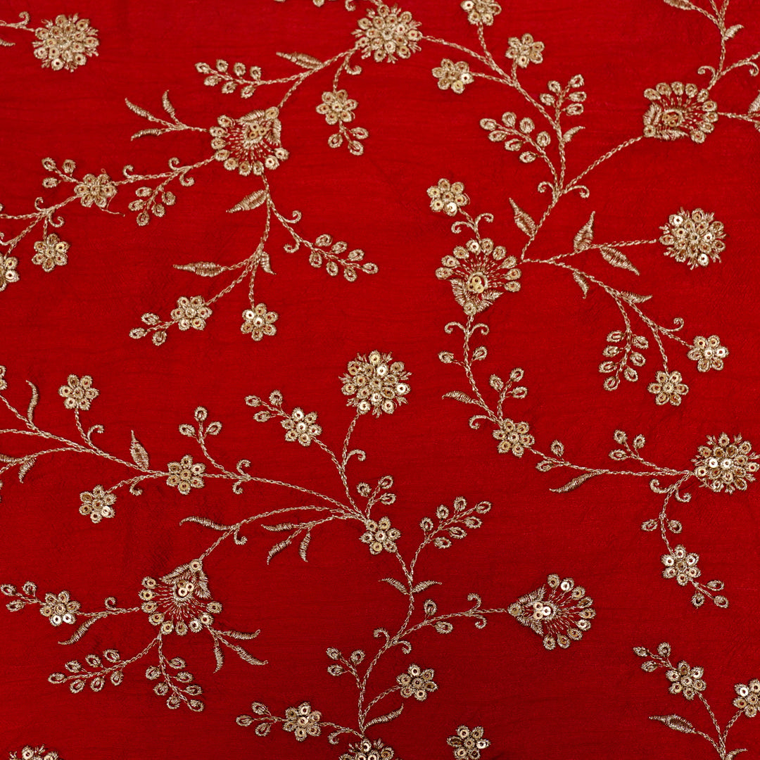 Floral Crown Jaal of Zari with Sequin Touch on Red Semi Raw Silk