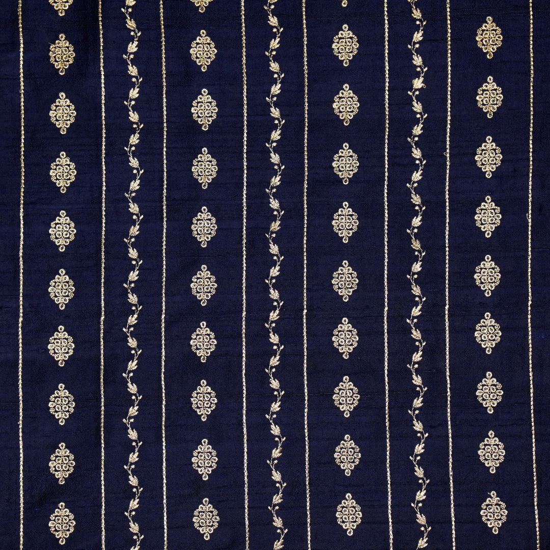 Akaar jaal on Navy Blue Raw Silk Embroidered Fabric