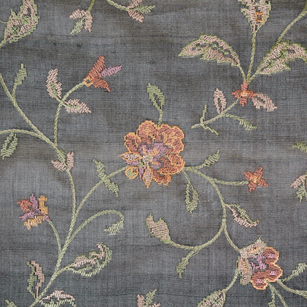 Serena Jaal On Charcoal Tussar Silk Embroidered Fabric