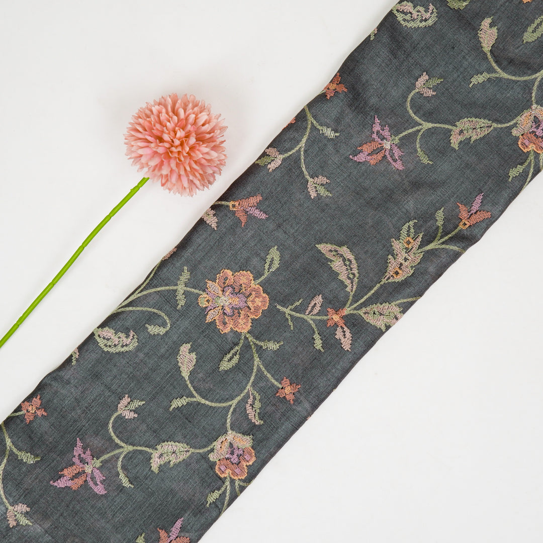 Serena Jaal On Charcoal Tussar Silk Embroidered Fabric