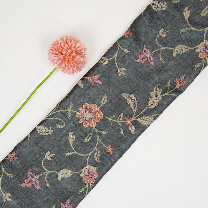 Serena Jaal On Charcoal Tussar Silk Embroidered Fabric