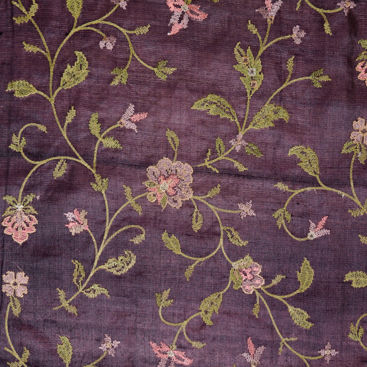 Serena Jaal On Aubergine Tussar Silk Embroidered Fabric