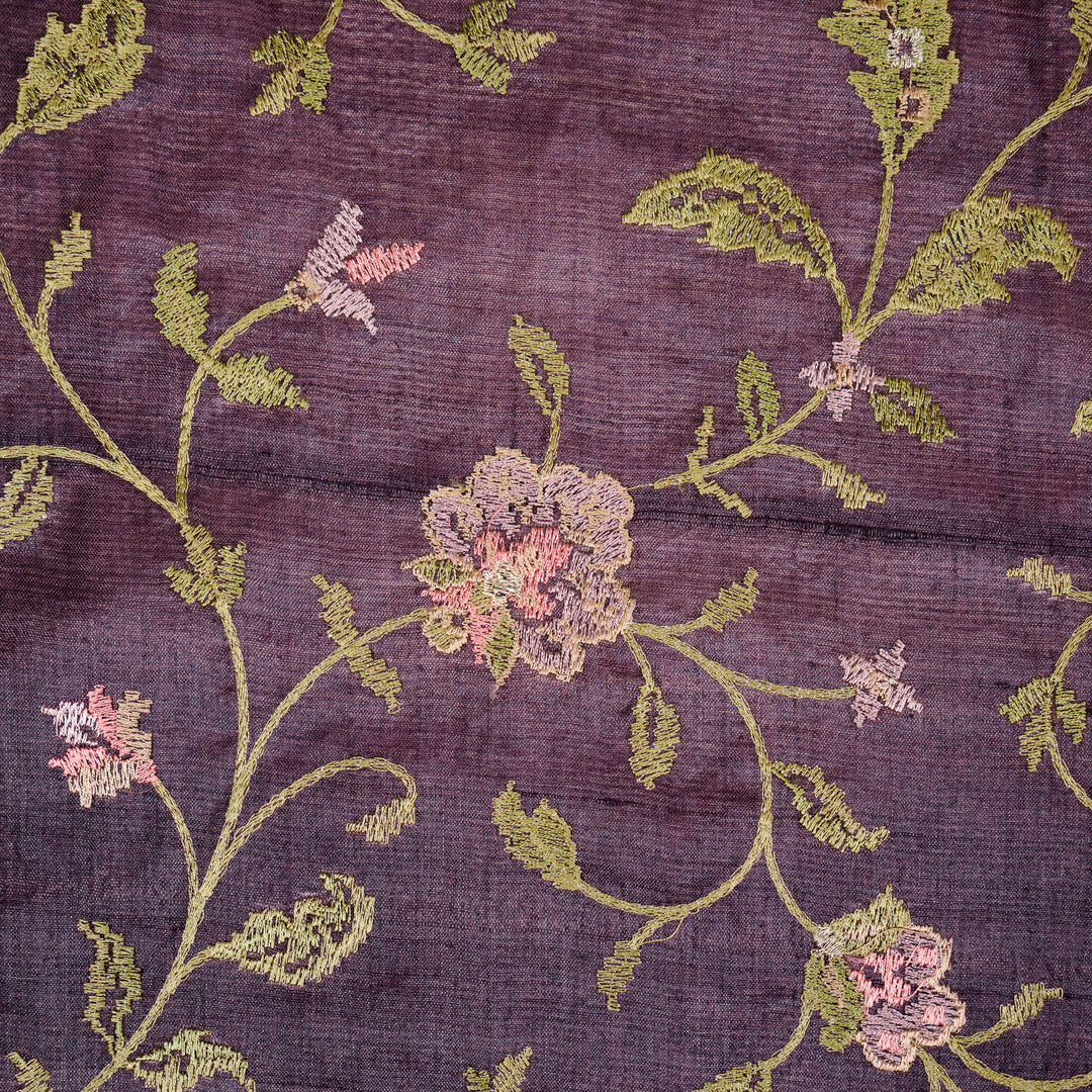 Serena Jaal On Aubergine Tussar Silk Embroidered Fabric