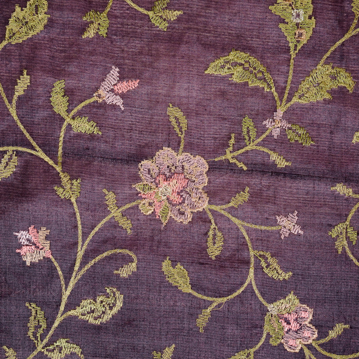 Serena Jaal On Aubergine Tussar Silk Embroidered Fabric