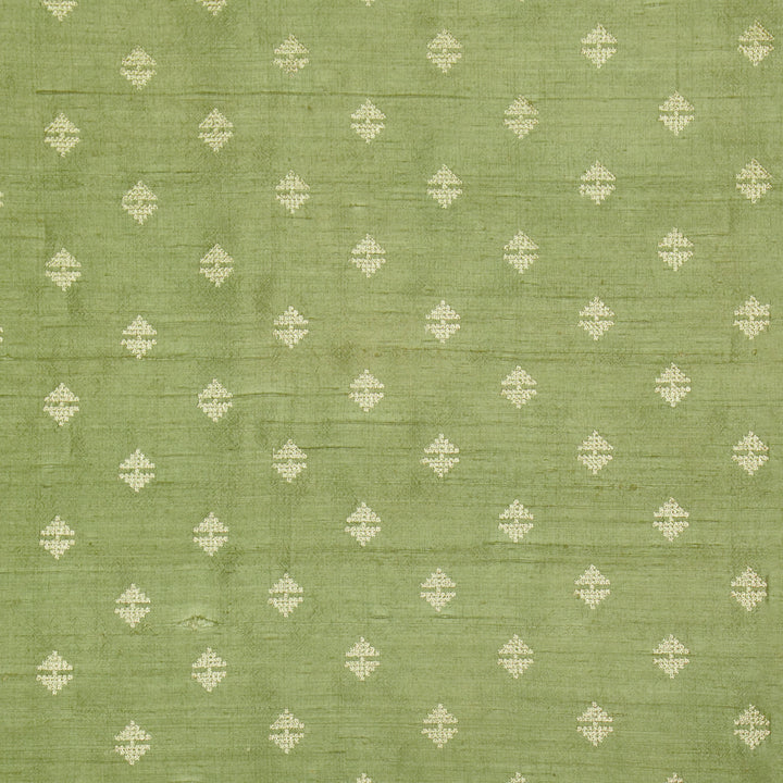 Naqsh Buti on Sage Green Raw Silk Embroidered Fabric