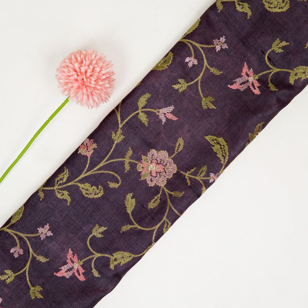 Serena Jaal On Aubergine Tussar Silk Embroidered Fabric