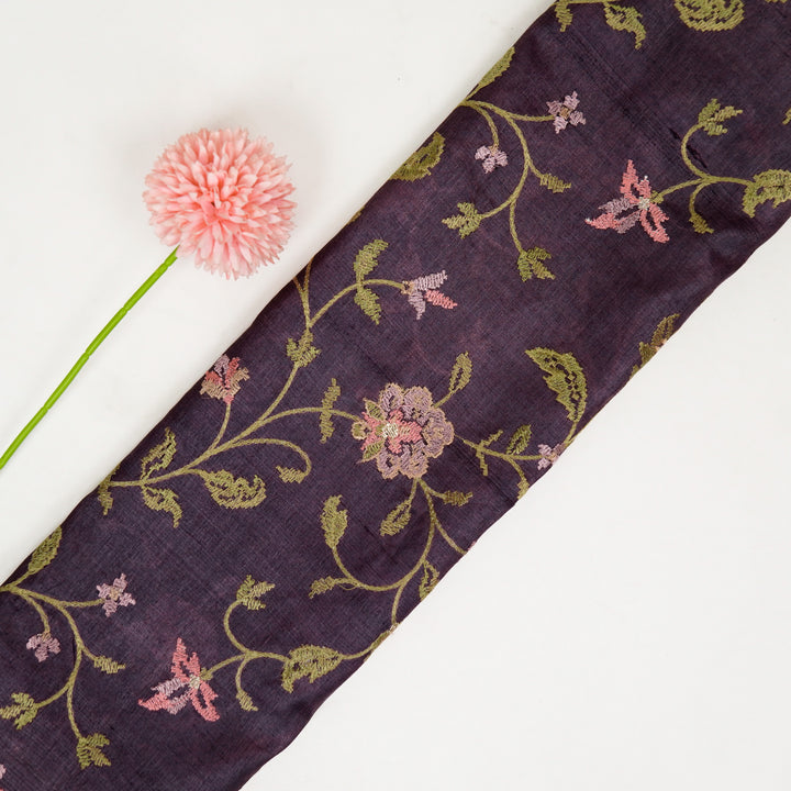 Serena Jaal On Aubergine Tussar Silk Embroidered Fabric