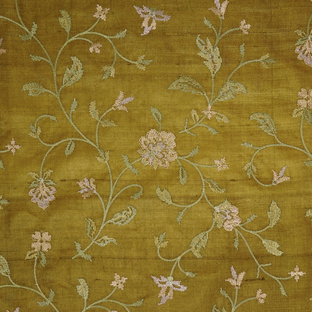 Serena Jaal On Olive Tussar Silk Embroidered Fabric