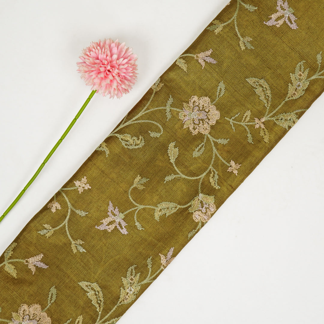 Serena Jaal On Olive Tussar Silk Embroidered Fabric