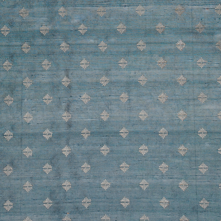 Naqsh Buti on Steel Blue Raw Silk Embroidered Fabric