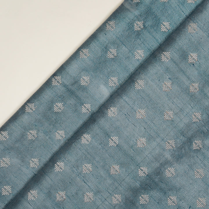 Naqsh Buti on Steel Blue Raw Silk Embroidered Fabric