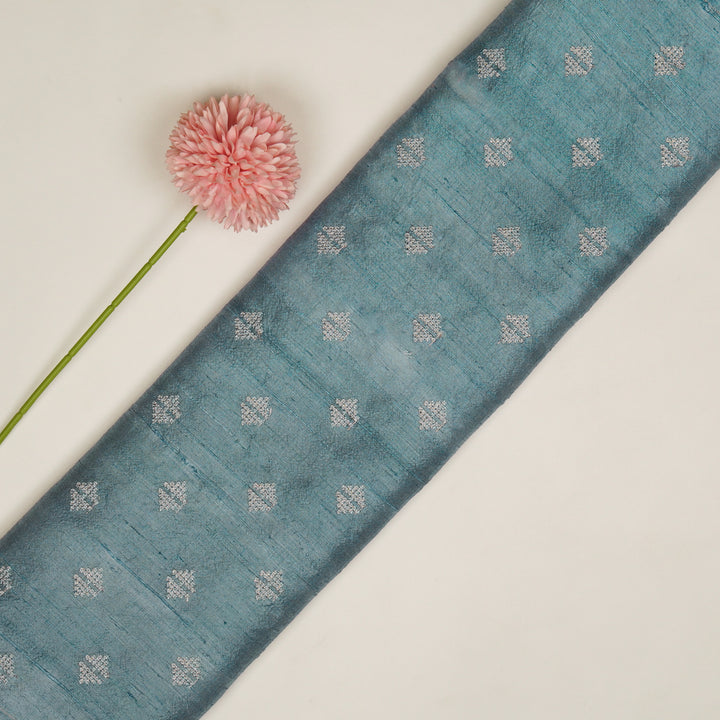 Naqsh Buti on Steel Blue Raw Silk Embroidered Fabric