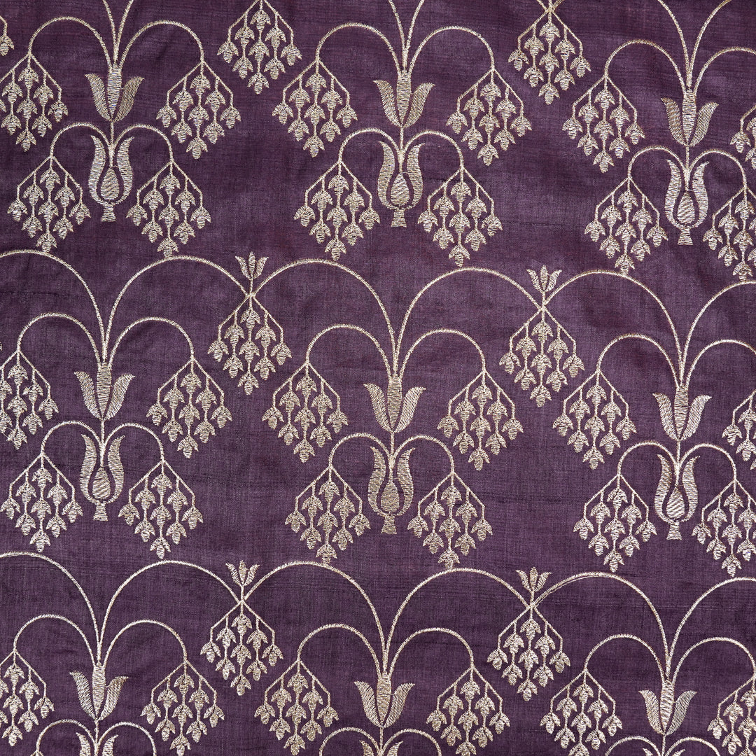 Bushra Jaal On Aubergine Tussar Silk Embroidered Fabric