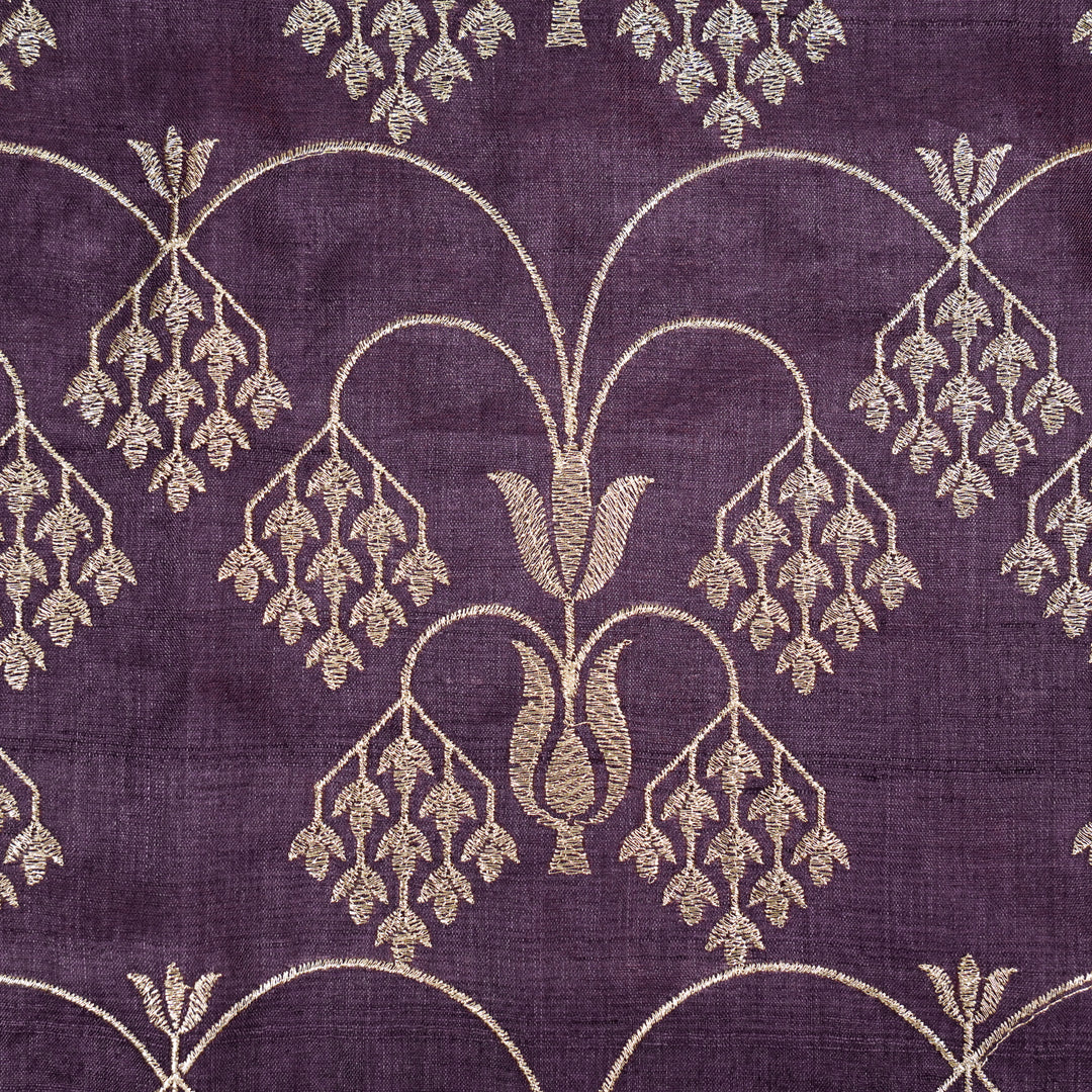 Bushra Jaal On Aubergine Tussar Silk Embroidered Fabric