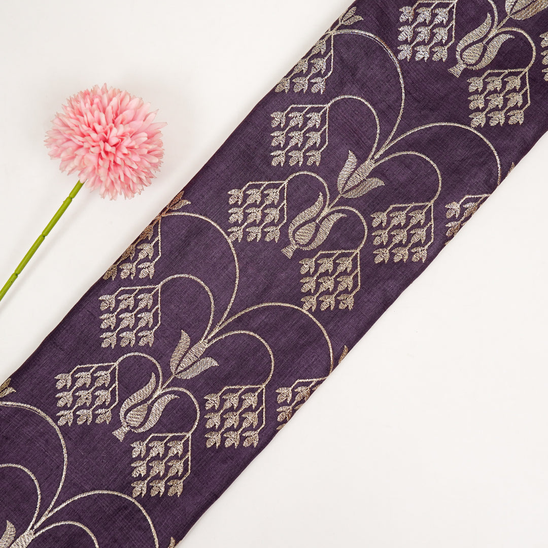 Bushra Jaal On Aubergine Tussar Silk Embroidered Fabric