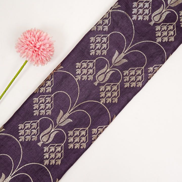Bushra Jaal On Aubergine Tussar Silk Embroidered Fabric