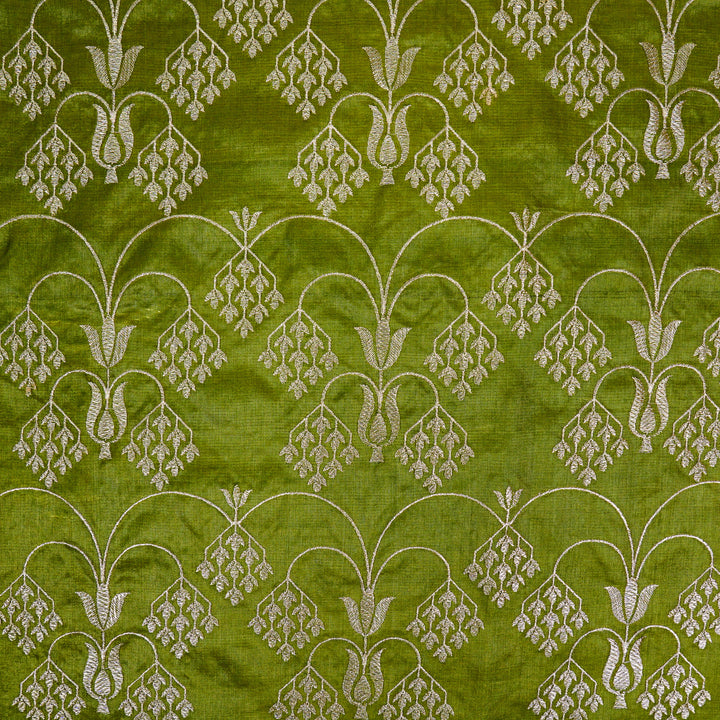 Bushra Jaal On Olive Green Tussar Silk Embroidered Fabric