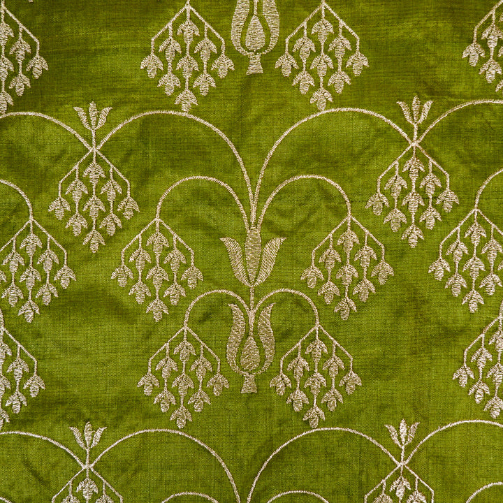 Bushra Jaal On Olive Green Tussar Silk Embroidered Fabric
