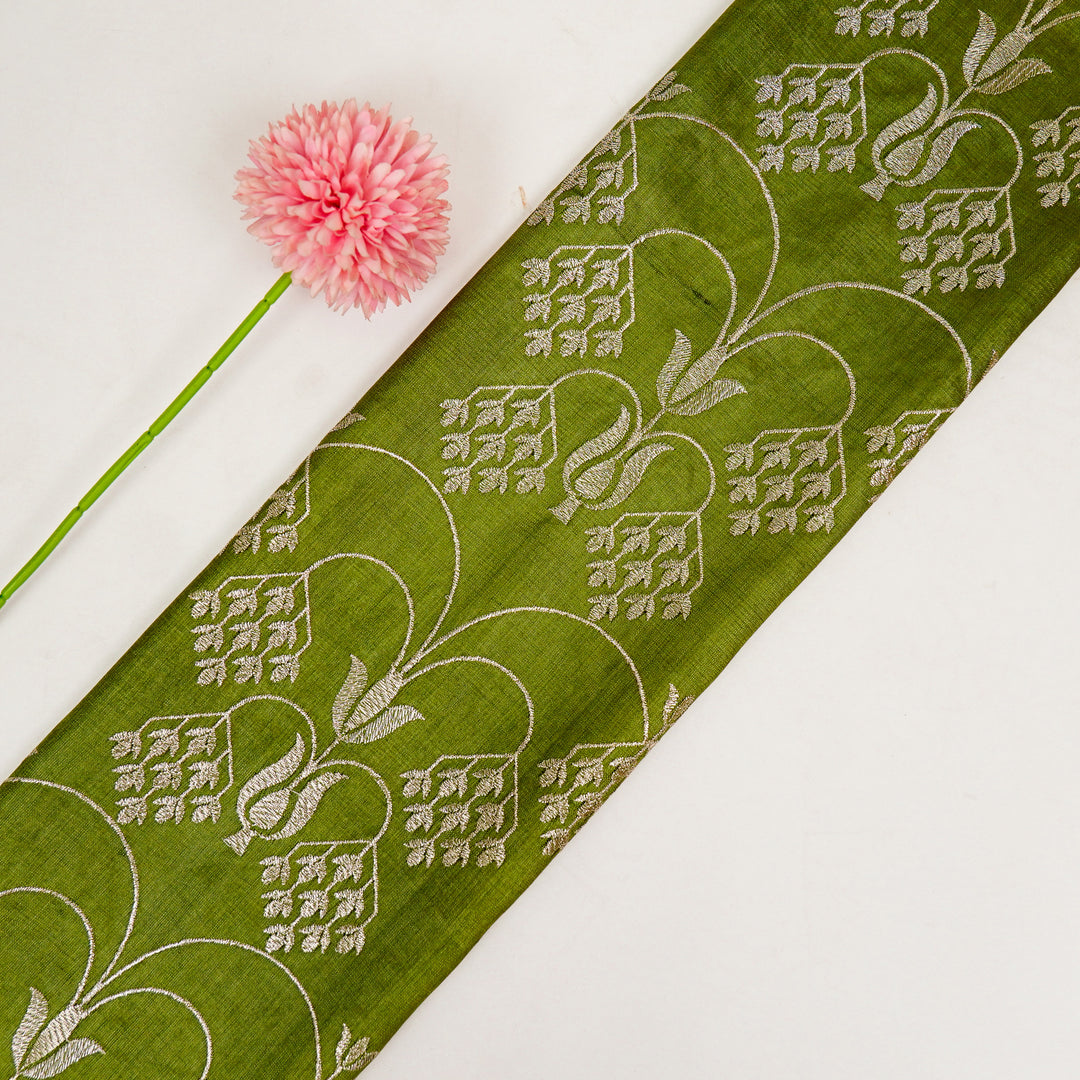 Bushra Jaal On Olive Green Tussar Silk Embroidered Fabric