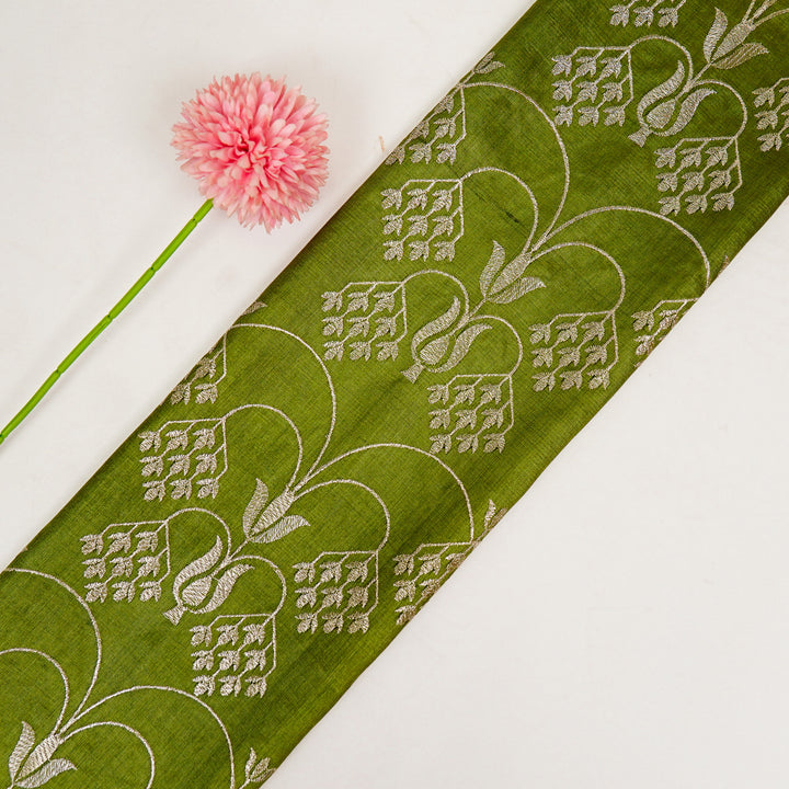 Bushra Jaal On Olive Green Tussar Silk Embroidered Fabric
