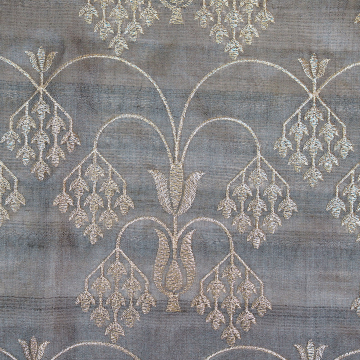 Bushra Jaal On Charcoal Tussar Silk Embroidered Fabric