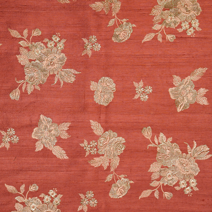 Taru Buta on Rust Raw Silk Embroidered Fabric