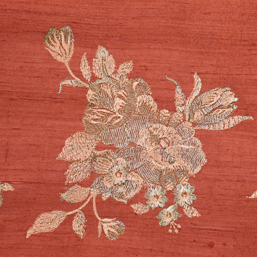 Taru Buta on Rust Raw Silk Embroidered Fabric