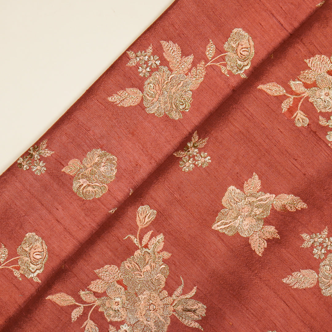 Taru Buta on Rust Raw Silk Embroidered Fabric