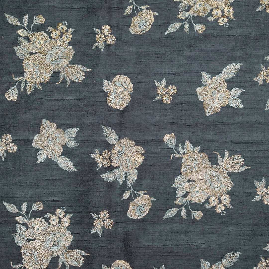 Taru Buta on Steel Grey Raw Silk Embroidered Fabric