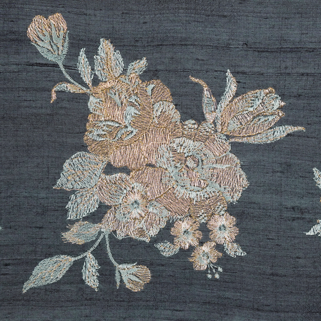 Taru Buta on Steel Grey Raw Silk Embroidered Fabric