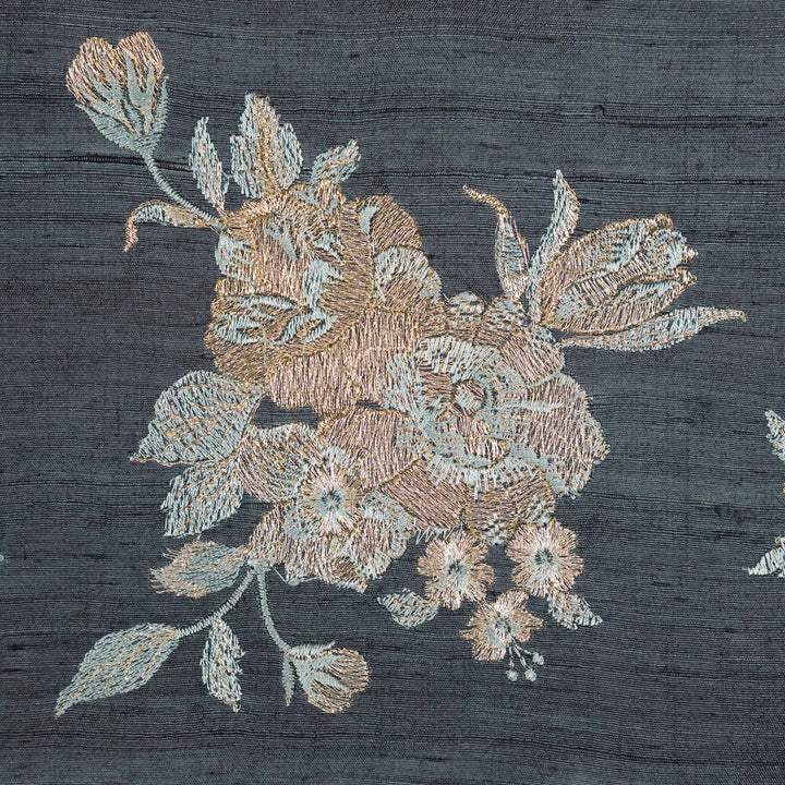 Taru Buta on Steel Grey Raw Silk Embroidered Fabric