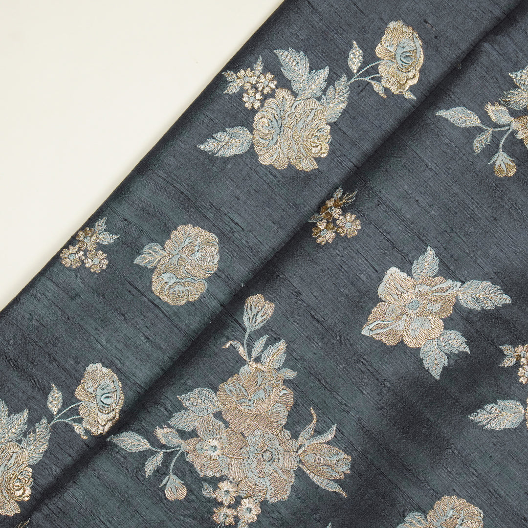 Taru Buta on Steel Grey Raw Silk Embroidered Fabric