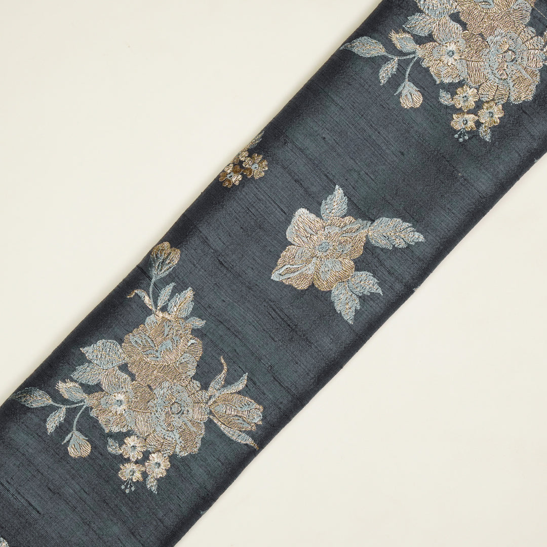 Taru Buta on Steel Grey Raw Silk Embroidered Fabric