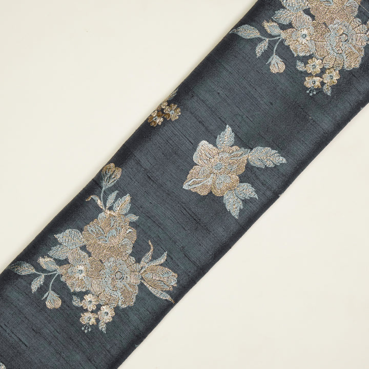 Taru Buta on Steel Grey Raw Silk Embroidered Fabric