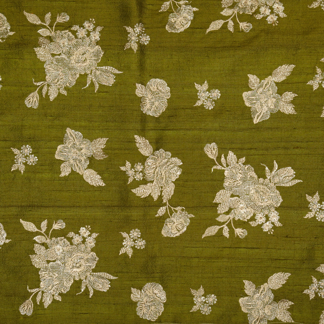 Taru Buta on Olive Raw Silk Embroidered Fabric