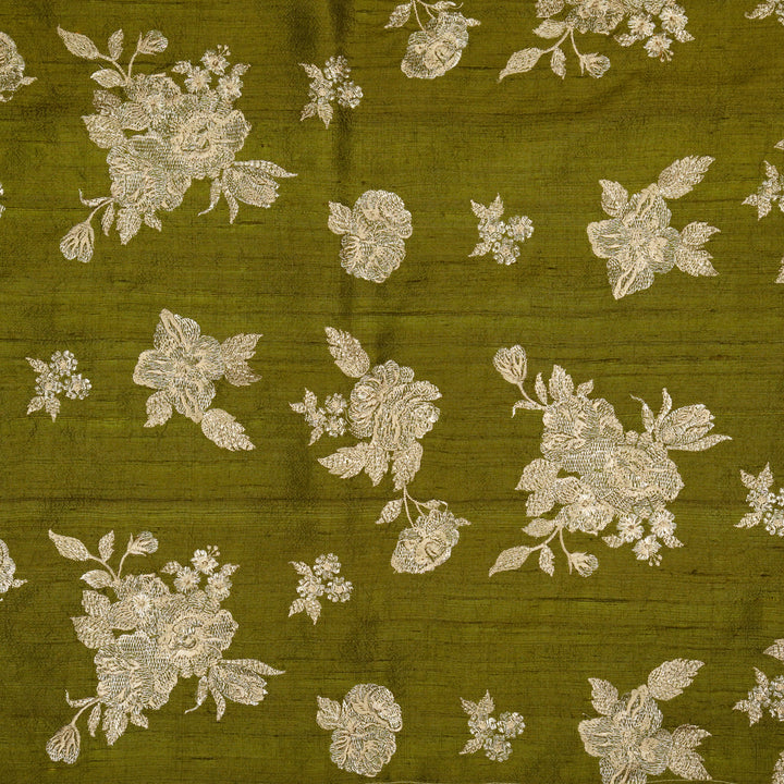 Taru Buta on Olive Raw Silk Embroidered Fabric