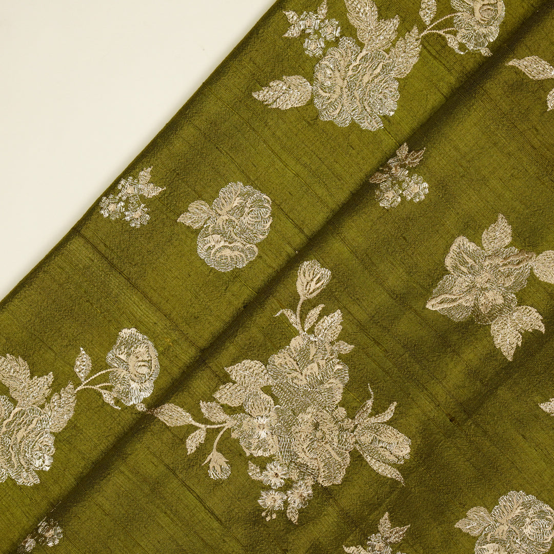 Taru Buta on Olive Raw Silk Embroidered Fabric