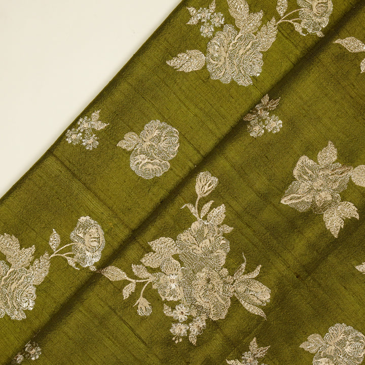 Taru Buta on Olive Raw Silk Embroidered Fabric