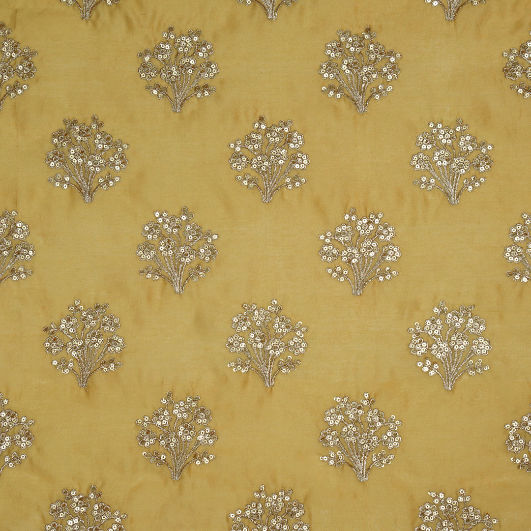 Warda Buta on Gold Silk Chanderi Embroidered Fabric