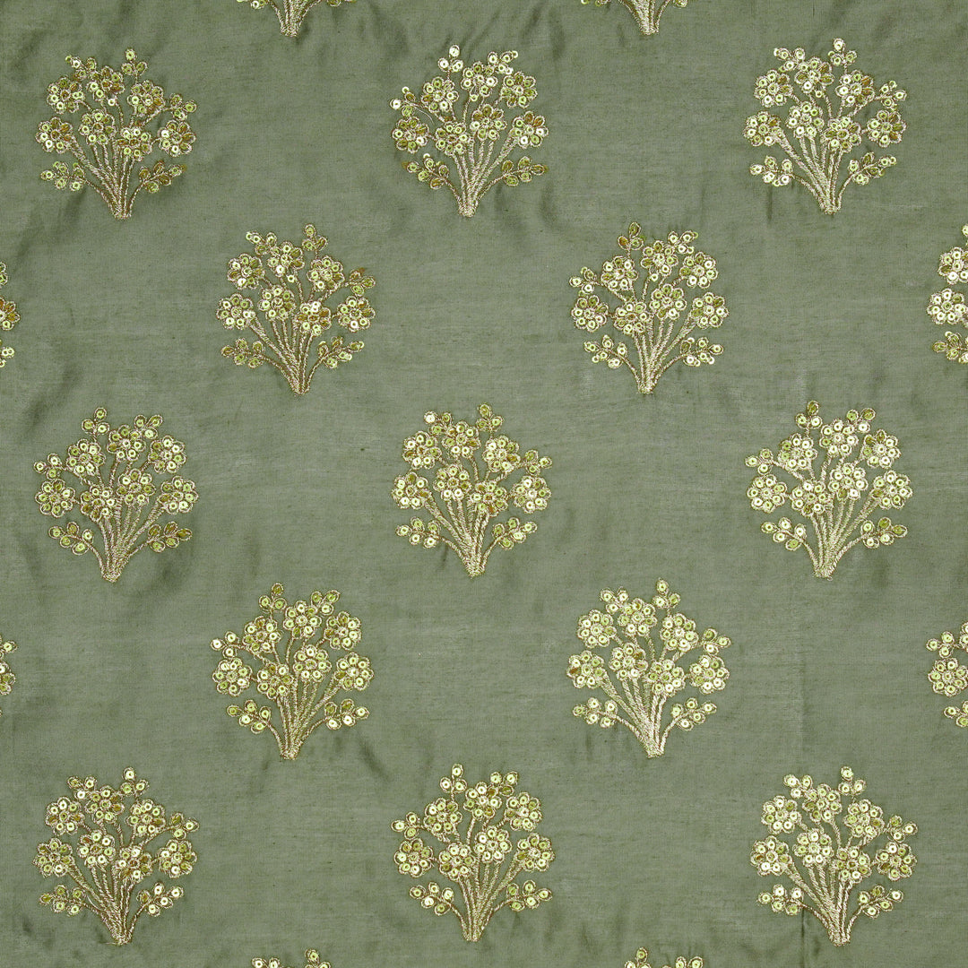 Warda Buta on Dark Mouse Silk Chanderi Embroidered Fabric