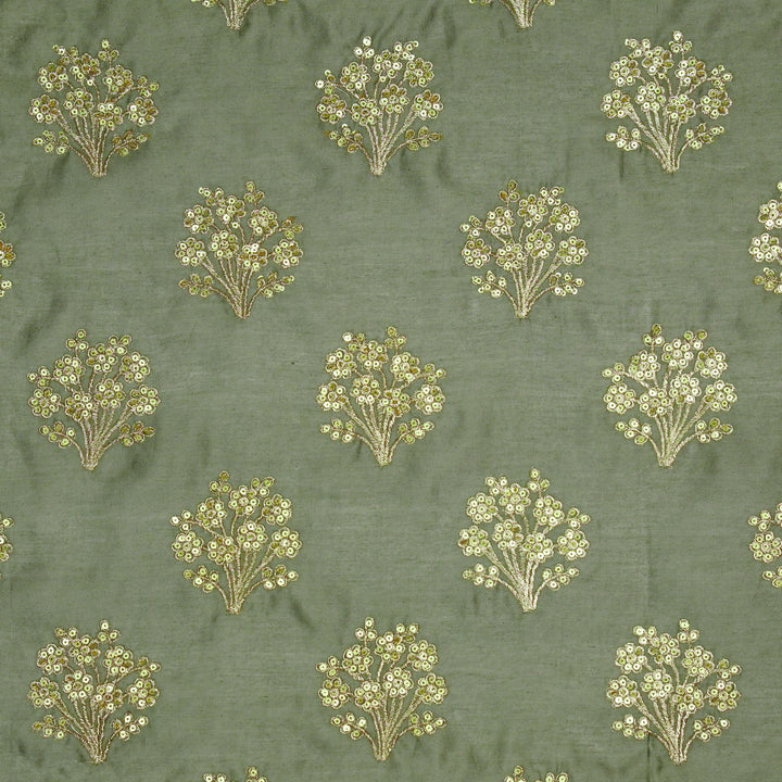 Warda Buta on Dark Mouse Silk Chanderi Embroidered Fabric
