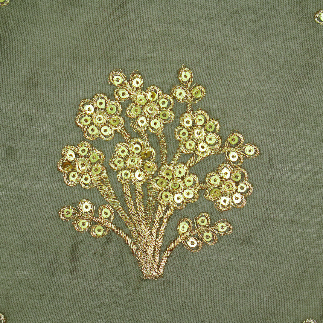 Warda Buta on Dark Mouse Silk Chanderi Embroidered Fabric