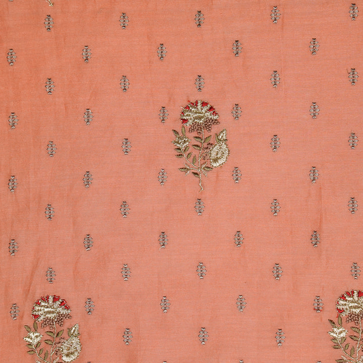 Hand Embroidery Lookalike Buta Buti Mixture on Warm Peach Silk Chanderi