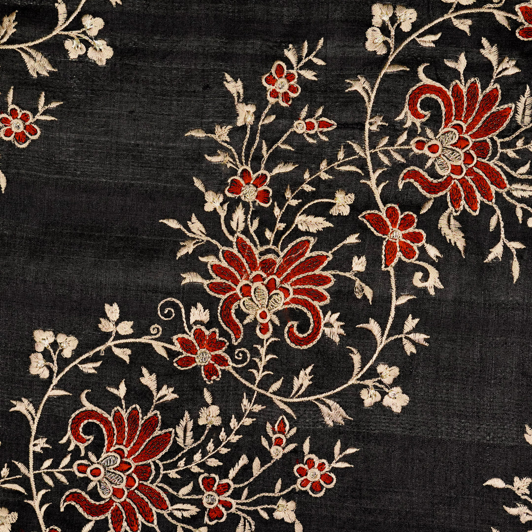 Shamsa Jaal On Black Tussar Silk Embroidered Fabric