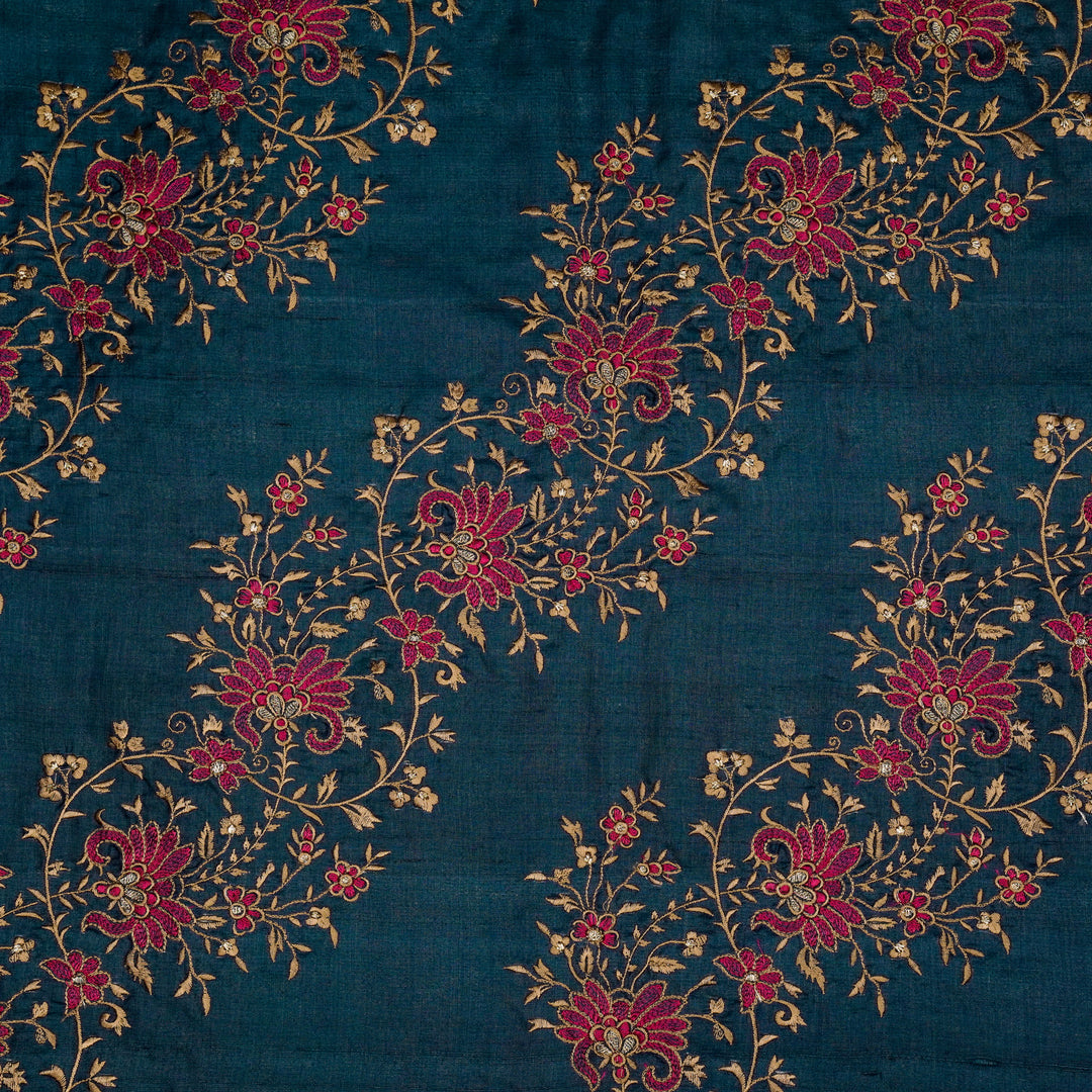 Shamsa Jaal On Blue Tussar Silk Embroidered Fabric