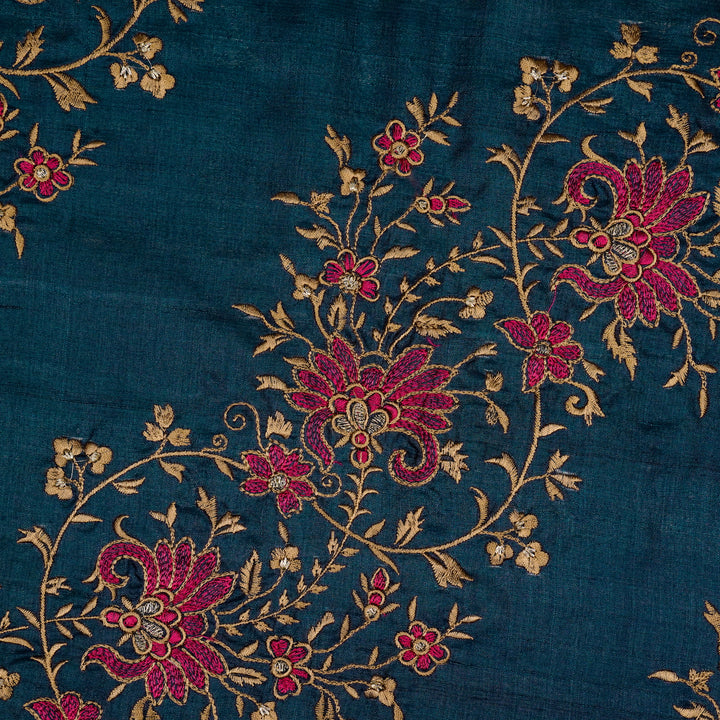 Shamsa Jaal On Blue Tussar Silk Embroidered Fabric