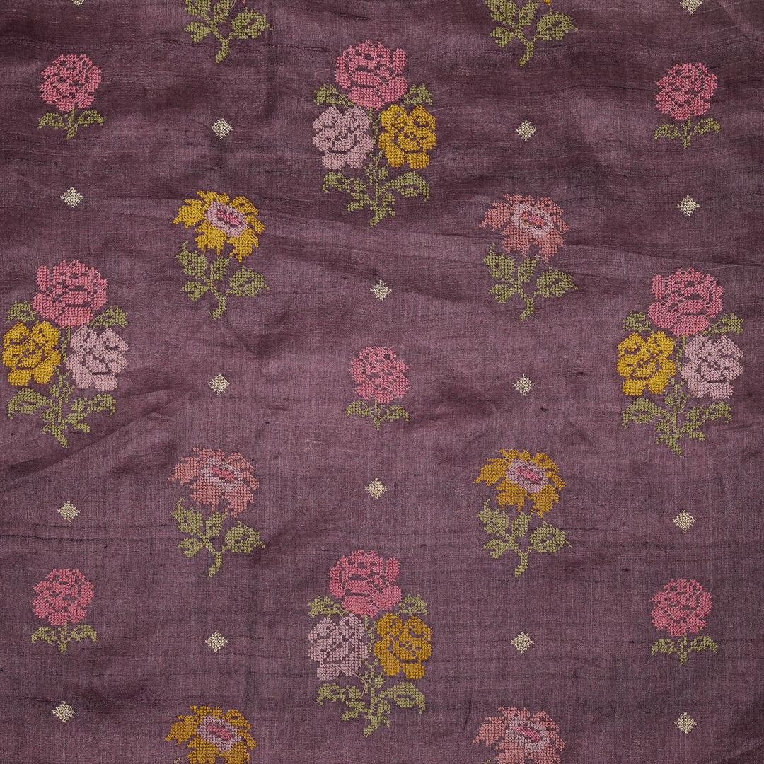 Noorain Buta On Aubergine Tussar Silk Embroidered Fabric